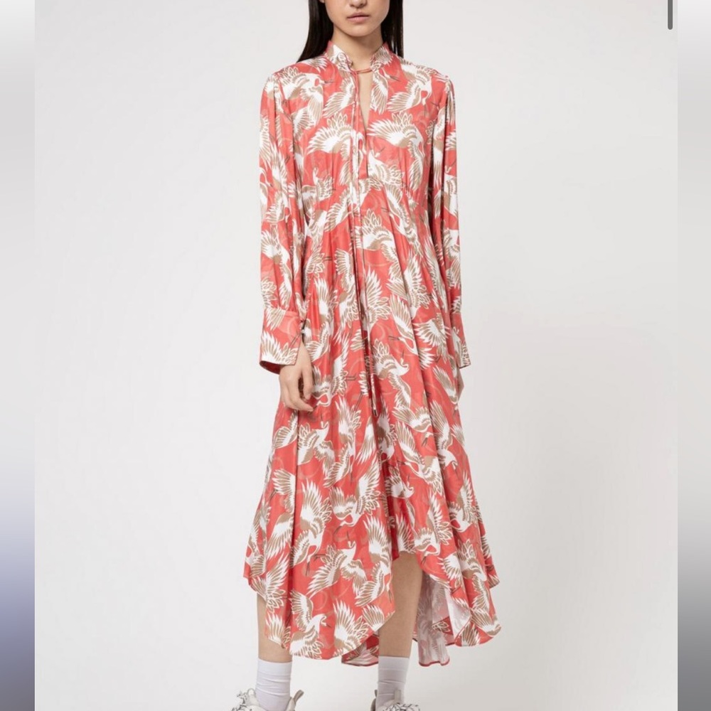 HUGO Crane-print long-sleeved midi dress with tie detail size 2